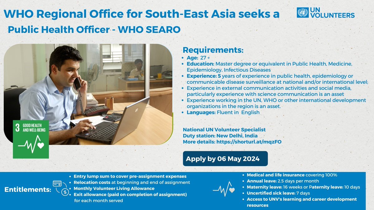 HaarKarin's tweet photo. 🌍 Exciting Opportunity Alert! 🌍 Are you in 🇮🇳 &amp; passionate about public health? Join us as #UNV #PublicHealth Officer @WHOSEARO in New Delhi! Your expertise can impact over 2 billion lives. 🩺✨
Details: https://t.co/fDOzKWuyYy 
Apply by 06 May 2024! 
#Surveillance #WHO https://t.co/WZRgWFbJnN