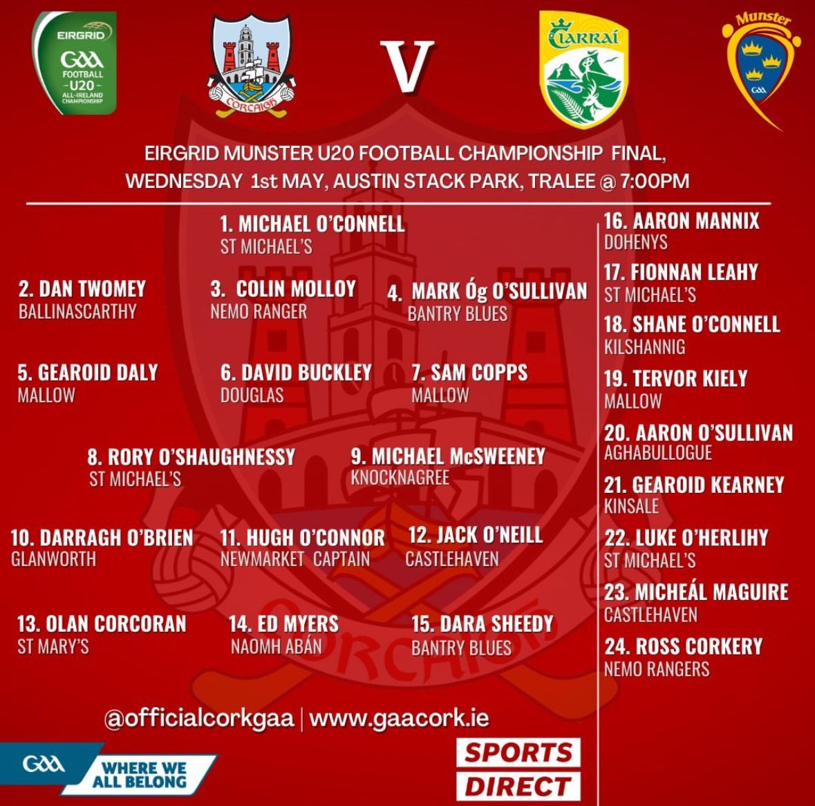 All the best to our own Jack O Neill & Micheál Maguire and the Cork u20 team vs Kerry in the Munster Final this evening. Game live on TG4 TV