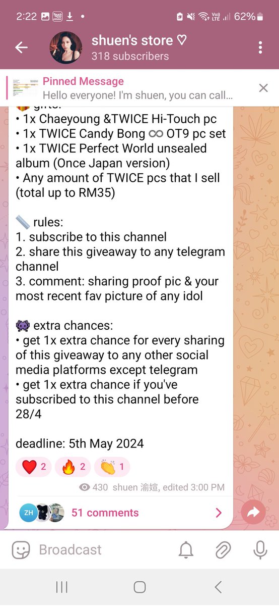 🌟 shuen's store giveaway 🌟

🎁 gifts:
• 1x Chae &TWICE Hi-Touch pc
• 1x TWICE Candy Bong ♾️ OT9 pc set
• 1x TWICE Perfect World unsealed album (Once Japan ver)
....and more

Join Here: t.me/shuenstore
#pasarTWICE @twicesquareMY
@pasartwice