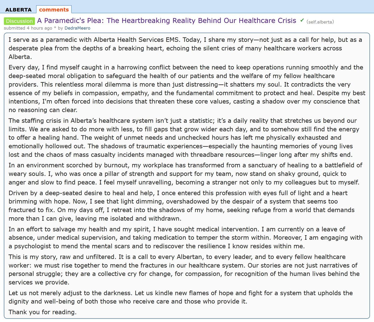 'A Paramedic's Plea: The Heartbreaking Reality Behind Our Healthcare Crisis' redd.it/1ch9zip #Alberta #AlbertaHealth #abpoli