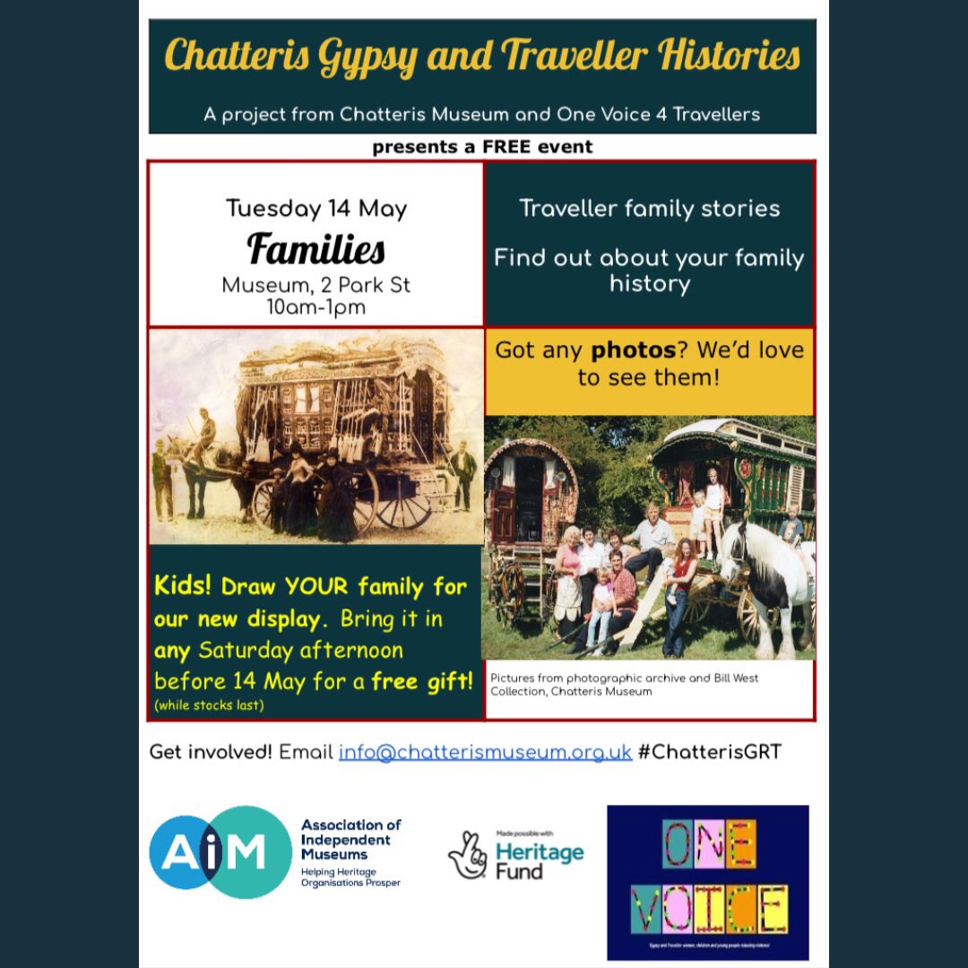 🌷It’s May!🌷

Which means our first FREE #ChatterisGRT morning workshop is just around the corner…

Tuesday 14 May, 10am-1pm

#TravellerCulture #FamilyHistory #FreeWorkshop #AssociationOfIndependentMuseums #OneVoice4Travellers #1V4T @Aimuseums @HeritageFundUK