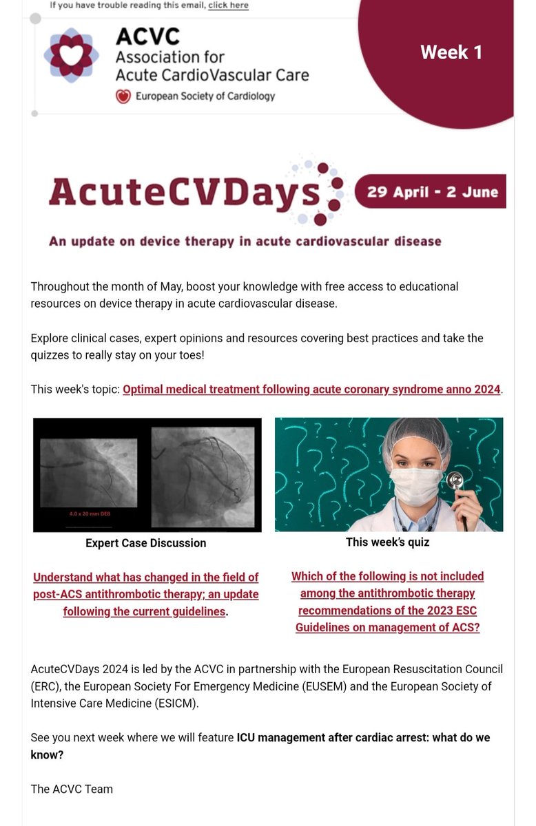 Week 1 challenge - will you get a correct answer to the pool? Find out on Friday- stay tuned #AcuteCVDays escardio.org/Sub-specialty-… @escardio @CVandenbriele @umityasarsinan1 @GalTsaban @krychtiukmd @ERC_resus @EuropSocEM @ESICM