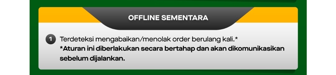Katanya sih <a href="/gojekindonesia/">Gojek Indonesia</a> dulu pas awal2 keluarin kebijakan off sementara biar driver ga sortir orderan driver bisa jaga performa, gitu kan?

Udah setahunan berlalu tetep jemput jauh tuh, artinya sistem nya yg kacrut

Hilangkan kebijakan suspend off dari tartibjek!

<a href="/gojektech/">Gojek Tech</a>