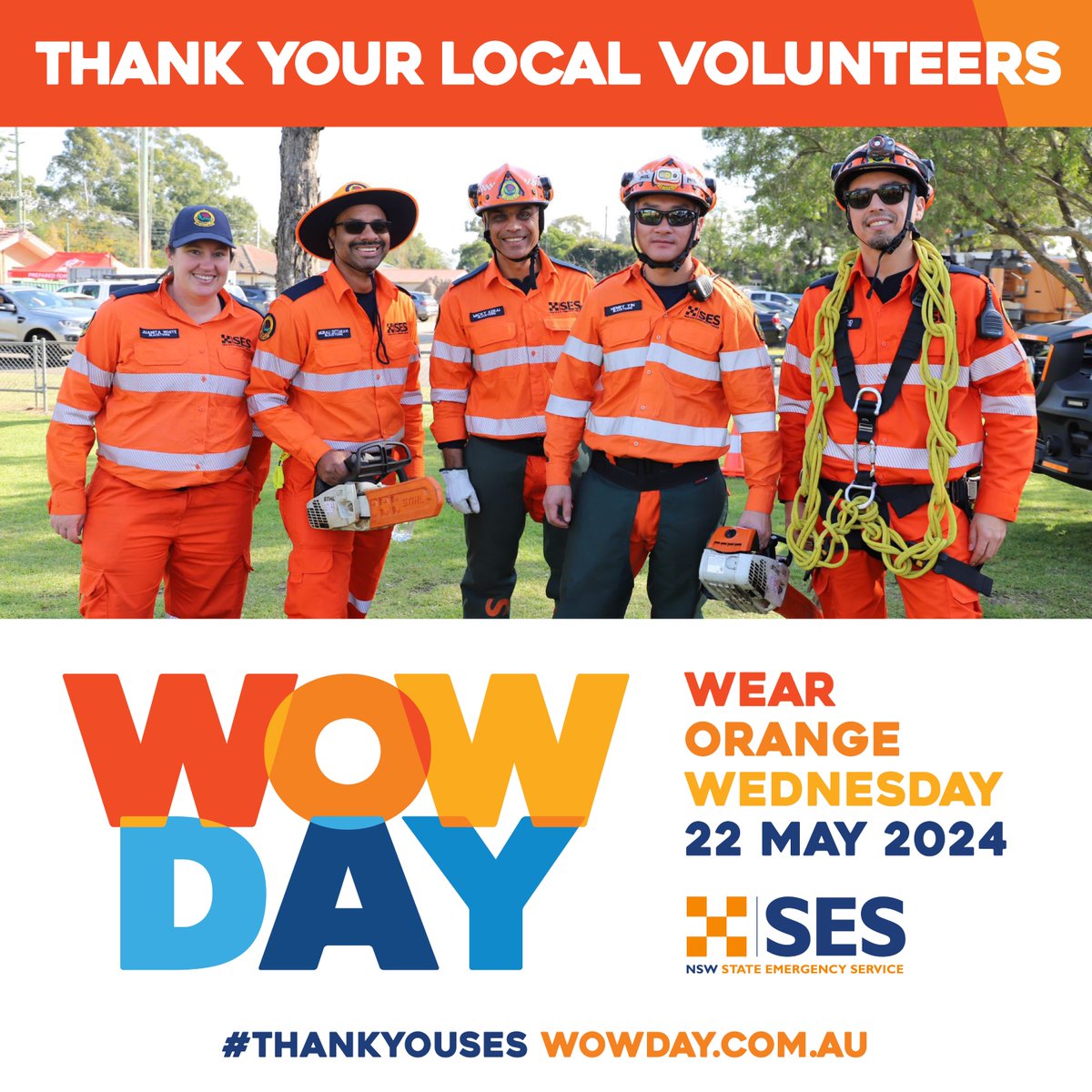 We have officially entered WOW Day month! 🧡 Show your support of our dedicated NSW SES volunteers by wearing orange on Wednesday the 22nd of May & share a photo of you wearing orange tagging us @nswses #ThankYouSES #WOWDay2024. ses.nsw.gov.au/getinvolved/wo….