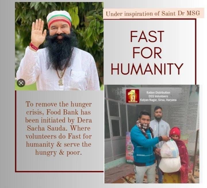 संत @Gurmeetramrahim सिंह जी इंसा समझाते हैं आज उन लोगों पर ध्यान देने की जरूरत है जिन्हें दिन में दो वक्त का खाना नहीं मिल पाता है डेरा सच्चा सौदा के अनुयायी मानवता के समर्थन में सप्ताह में एक दिन उपवास करते हैं और उस भोजन को गरीबों में वितरीत कर  सेवा करते हैं
#FastForHumanity