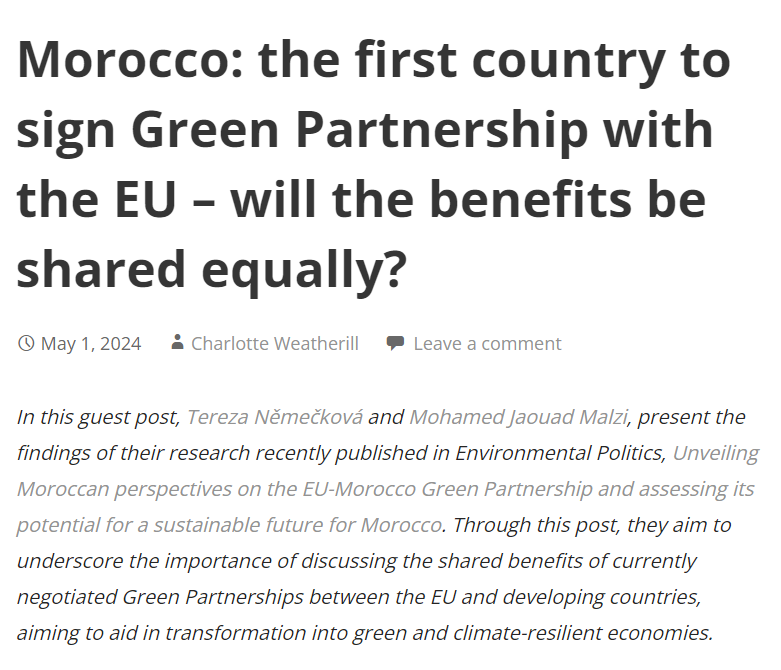 New guest post from @tnemeckova and Mohamed Jaouad Malzi. Morocco: the first country to sign Green Partnership with the EU – will the benefits be shared equally? environmentalpoliticsjournal.net/guest-posts/mo…