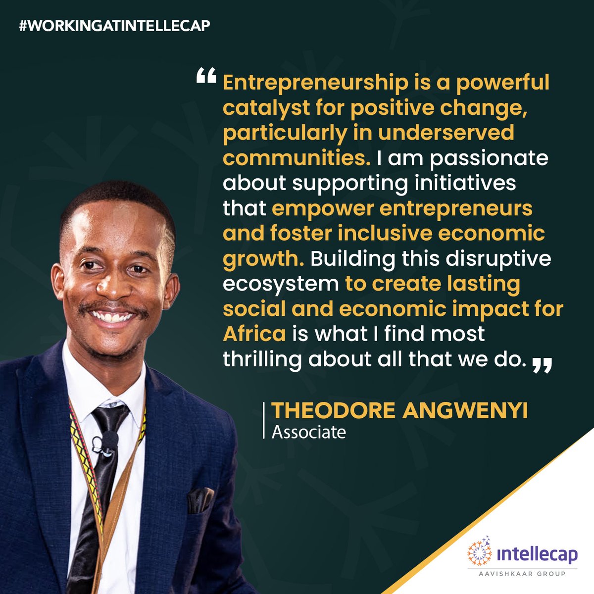 Theo is supporting impact-driven enterprises in accessing finance & scaling their business models. He is also implementing solutions that impact the broader economic development landscape. Ready to build a better Africa, write to career@intellecap.net #WorkingatIntellecap