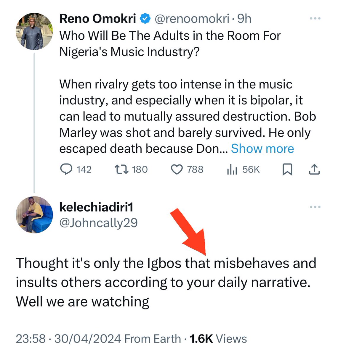 Dear Kelechi, Thank you for your feedback. It would help your general mental health and the psychological health of those you think you represent if you don't try to make everything about you. You reduce yourself when you go into issues that are not even remotely about you and