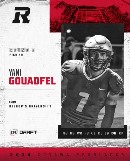 Congratulations to Yani Gouadfel DB. Selected by the #Ottawa #RedBlacks in the 6th Round, 49th overall. #RNation #RedAndBlack #RougeEtNoir #BehindTheR #FlipTheScript #LetErRip #AllIn #RNationInvasion #YOW #Ontario #LCF #CFL