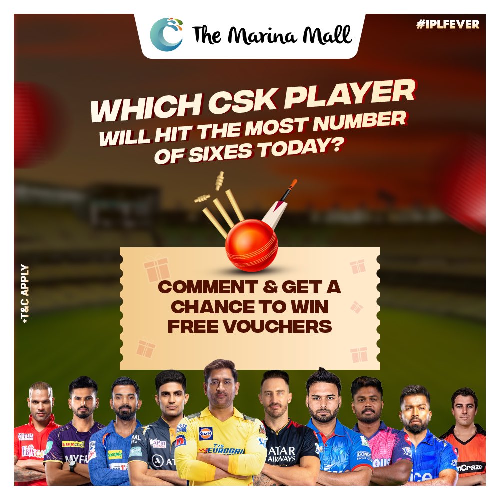 Predict in the comments section below & get a chance to win free vouchers from The Marina Mall 🏏

⏰ Hurry, top 3 win! 
T&C apply*

📍The Marina Mall, OMR

#themarinamall #marinamall #ipl #livescreening #liveipl #omr #livescreen #chennai #nammachennai #chennaisuperkings