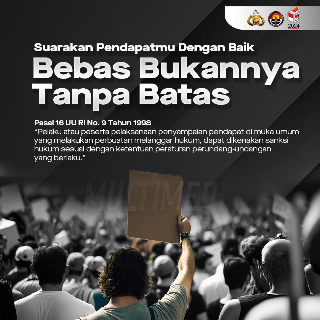 Suarakan Pendapatmu Dengan Baik Bebas Bukannya Tanpa Batas Damai Sampaikan Pendapat Semua warga negara Indonesia diberikan hak kebebasan dalam menyampaikan pendapat di muka umum. Tetap patuhi aturan tidak mengganggu keselamatan dan kepentingan umum. #TertibSantunBerdemokrasi