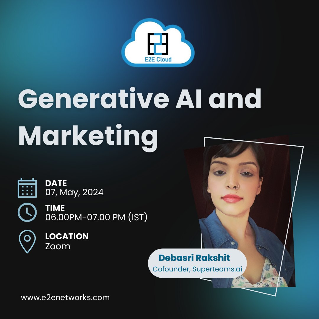 e2enetworks's tweet photo. Don't Be Left Behind! Master AI Marketing in Our Upcoming Webinar

Join @debasri7 , co-founder of @superteams_ai , in this exclusive webinar and discover how generative AI can revolutionize your marketing strategy!

This webinar is your key to:
- Streamlined Workflows: Free your team for strategic thinking.
- Personalized Content at Scale: Craft unique experiences for every user.
- Fueled Creative Brainstorming: Spark innovative campaign ideas.

Don't miss out! Register now - spots are filling fast!

Date: May 7th, 2024 
Time: 6:00 PM - 7:00 PM (IST) 
Venue: Online 
Register: https://t.co/mNhNxv9af1

We'll also cover:
- Customizing AI solutions to perfectly match your brand identity.
- Scaling AI efforts seamlessly across your marketing initiatives.

#generativeAI #marketingwebinar #AIforMarketing