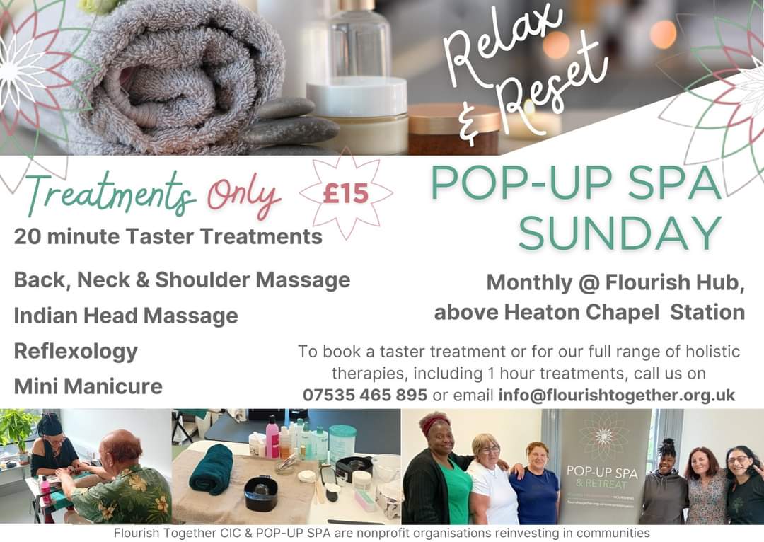 This #WellbeingWednesday treat yourself to an energy boost, some R&R and get set for spring! Places available at our #PopupSpa at #FlourishHub #Stockport on Sun 12th May 11am-3pm. 30min treatments Just £15!! See more & resister to book: eventbrite.co.uk/e/pop-up-spa-s…