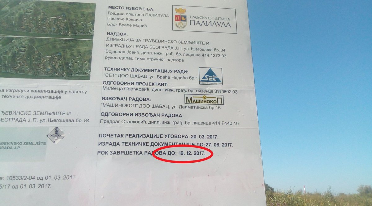 Rok za završetak radova na kanalizaciji u Krnjači: 19. decembar 2017. godine. Kanalizacije još nema, majstori odsekli i odneli predizbornu tablu, pa naprednjaci opet obećavaju da će rešiti problem.