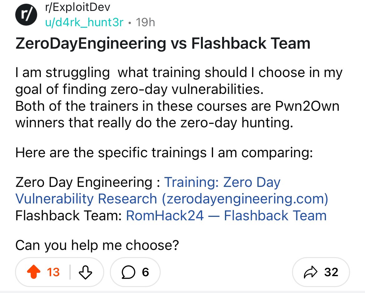 @alisaesage @zerodaytraining Someone is marketing your training in Reddit haha I also saw it in ReverseEngineering subreddit. Might be interested for you.