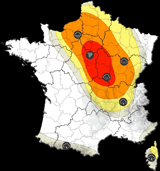 🔴🌪️🧊 Le risque d'orage violent est émis par @KeraunosObs, à cause du risque de tornades et de très gros grêlons.

Le système d'alerte français n'est pas fait pour avertir d'une tornade. Ne prenez pas de risque et à l'approche d'un orage: mettez-vous à couvert dans un bâtiment