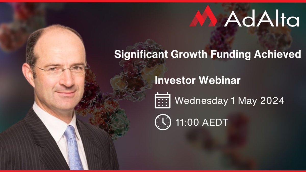 AdAlta1AD's tweet image. AdAlta (ASX:1AD) was pleased to have CEO and Managing Director, Tim Oldham discuss the significant growth funding announced on Monday 29 April 2024 and answer investor questions | Watch here: investorhub.adalta.com.au/activity-updat…

#1AD #Webinar #Funding #ASX