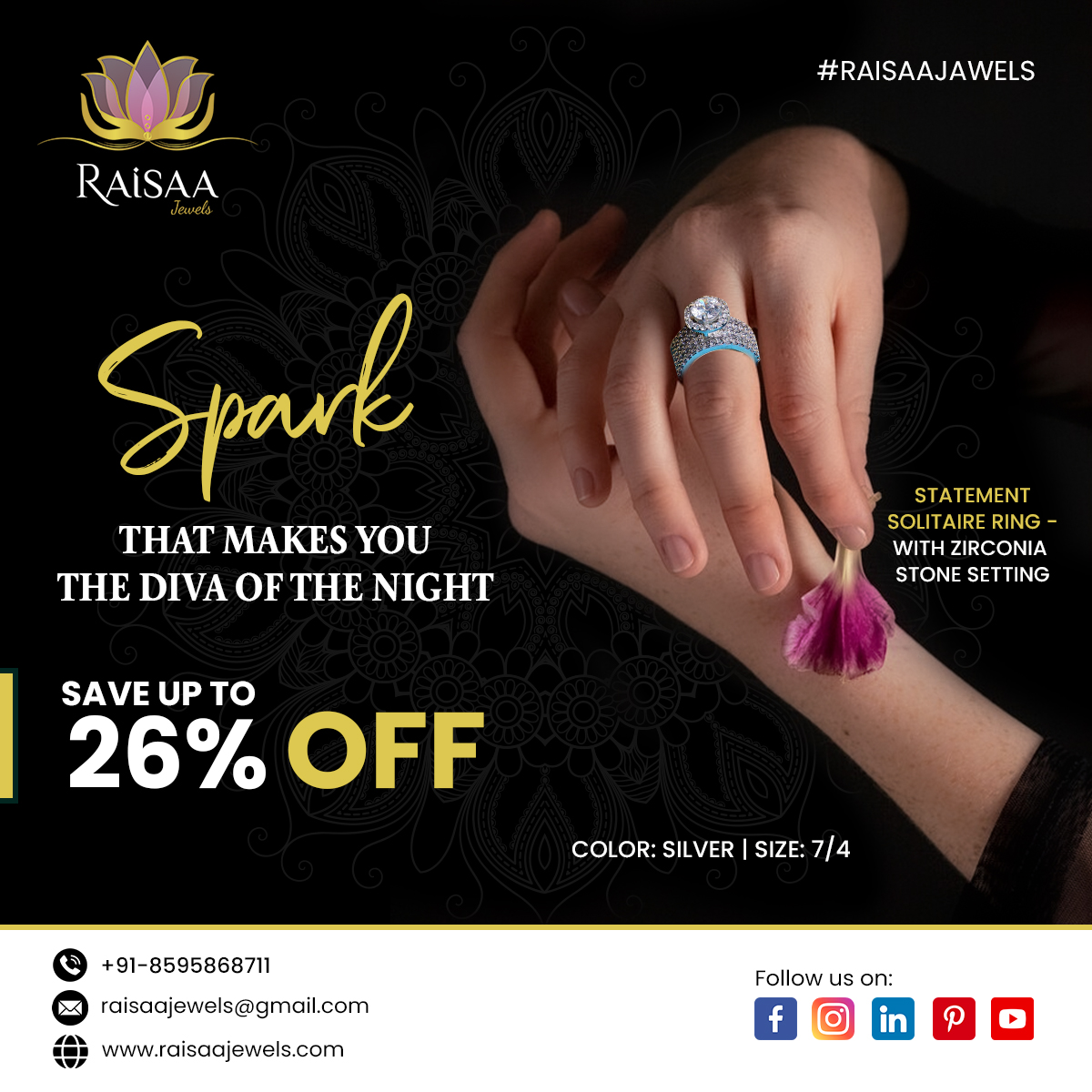 🌟Be the star of the night with this stunning piece that sparkles with elegance and charm. And here's the best part – you can now save up to 26% OFF! 

Order online visit: raisaajewels.com/products/raisa…

#RaisaaJewels #SilverJewellery #StatementSolitaireRing #Rings #RingCollection