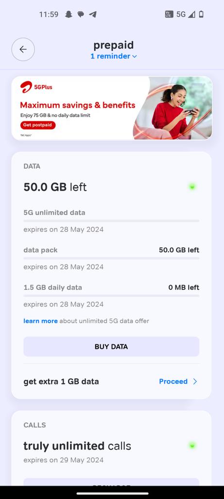 'Unlimited 5g data' is scam had a recharge of ₹301 for 50gb which I'll manage till 28may and port out of this shit premium network. 
@Airtel_Presence @airtelindia should be ashamed of false marketing. 

My phone is on 5G, no fluctuation to 4G that unlimited data won't work

SCAM