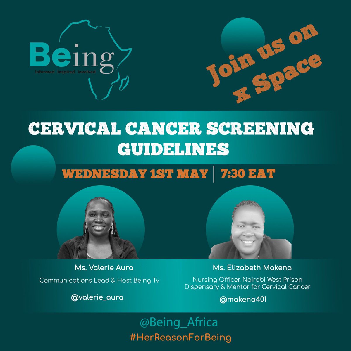 Wednesdays are for #HerReasonForBeing, join us as from 7:30pm EAT as we delve into this important topic, 'Cervical Cancer Screening Guidelines.' Tune in, learn, & unlearn & together we can take the initiative to make a difference. Speaker: @makena401 @IGCSociety @kenconetwork