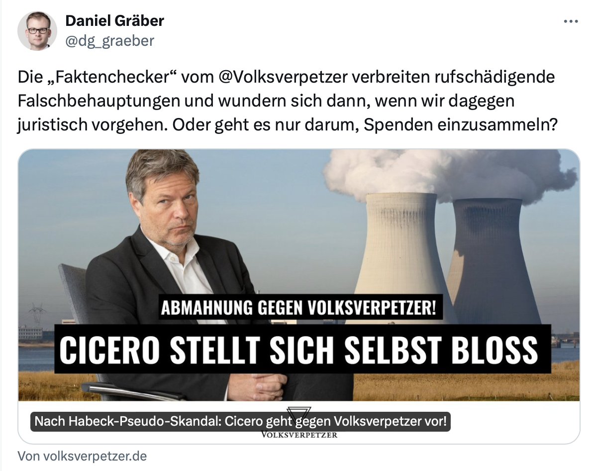 Am schönsten finde ich, dass der 'Journalist' von @cicero_online direkt mal den Artikel vom @Volksverpetzer verlinkt, der den Titel hat: 'Cicero stellt sich selbst bloss' und damit #Cicero selbst bloss stellt, weil man da eben alles nachlesen kann. Ein echter Social-Media-Profi!