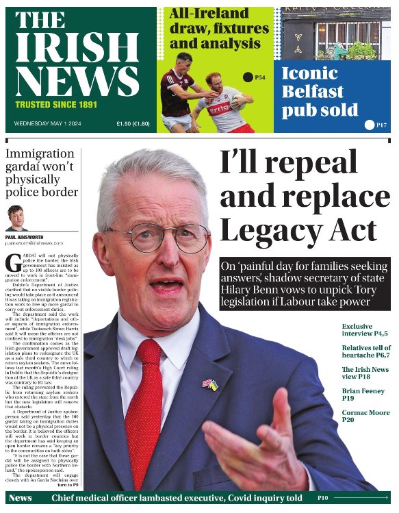 Today we lead with an interview with @UKLabour's @hilarybennmp who has vowed to 'repeal and replace' the #LegacyAct, saying 'I think (today) will be a very painful day for many families who are seeking answers'.