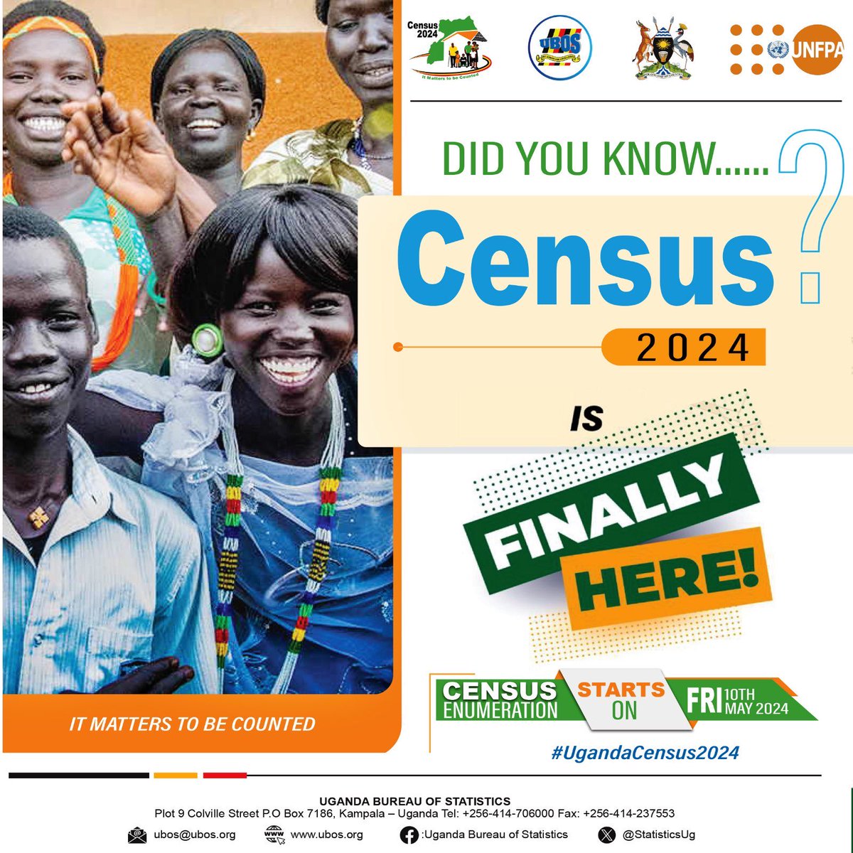 Mwe, Census is back and it starts on Friday, 10th May 2024. Please make sure you are counted ba dear.🌝 It matters to be counted. Because; ✓Your presence is then known, allowing for accurate representation in decision-making processes & resource allocation. #UgandaCensus2024