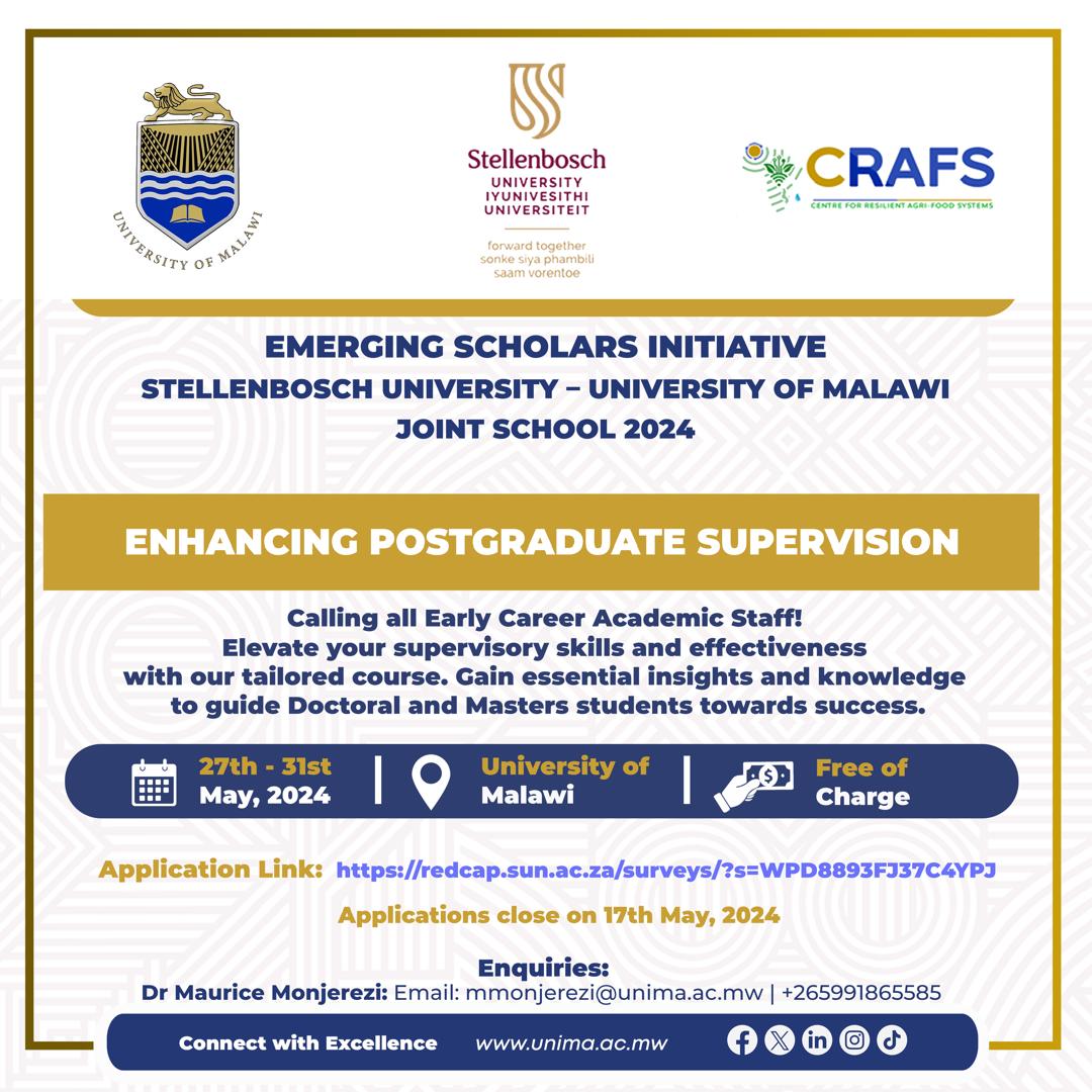 CRAFS, in partnership with Stellenbosch University, offers tailor-made postgraduate supervision training for early-career academic staff. Participants will gain essential knowledge to guide doctoral and MA students successfully. The training takes place between 27 & 31 May 2024.