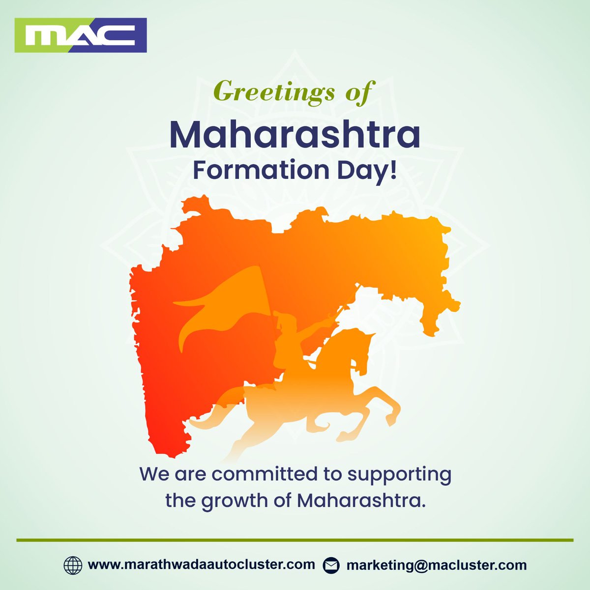 Happy Maharashtra Day! Let’s celebrate the rich culture and heritage of our state.

#HappyMaharashtraDay #foundationday #jaiMaharashtra #culture #marathi #specialday #celebration #MAC #marathwadaAutoCluster #wishes