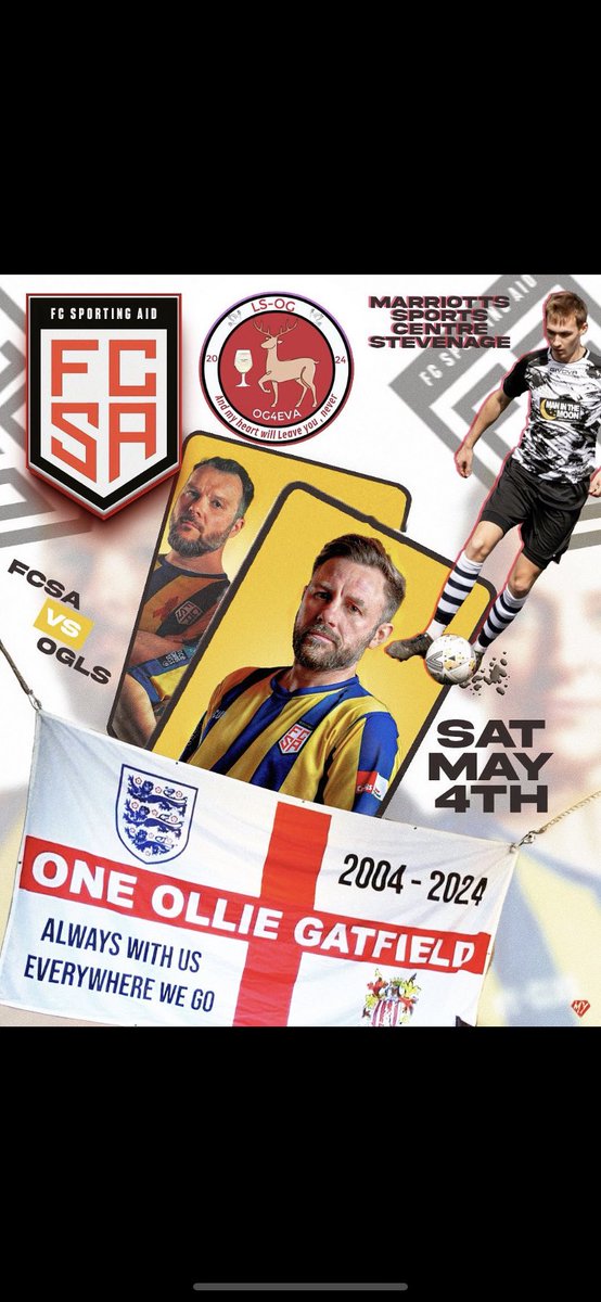 OGLS FC (@lsogfc) on Twitter photo Come and Watch Stevenage’s Newest charity side playing in Oliver Gatfields memory .
2pm , Donation for entry if you can
Raising money for <a href="/roadvictimstrus/">Road Victims Trust</a> <a href="/ACTcharity/">Addenbrooke's Charity</a>
<a href="/drackers/">Jay Drackford</a> <a href="/Boropod/">Boropod</a> <a href="/TheBroadhallWay/">TheBroadhallWay</a> <a href="/StevenageFC/">Stevenage FC 🔴⚪</a> <a href="/StevenageFCW/">Stevenage FC Women</a> <a href="/EdwardPayne22/">Dr. Edward Payne</a> Please RT Come and Watch Stevenage’s Newest charity side playing in Oliver Gatfields memory .
2pm , Donation for entry if you can
Raising money for <a href="/roadvictimstrus/">Road Victims Trust</a> <a href="/ACTcharity/">Addenbrooke's Charity</a>
<a href="/drackers/">Jay Drackford</a> <a href="/Boropod/">Boropod</a> <a href="/TheBroadhallWay/">TheBroadhallWay</a> <a href="/StevenageFC/">Stevenage FC 🔴⚪</a> <a href="/StevenageFCW/">Stevenage FC Women</a> <a href="/EdwardPayne22/">Dr. Edward Payne</a> Please RT