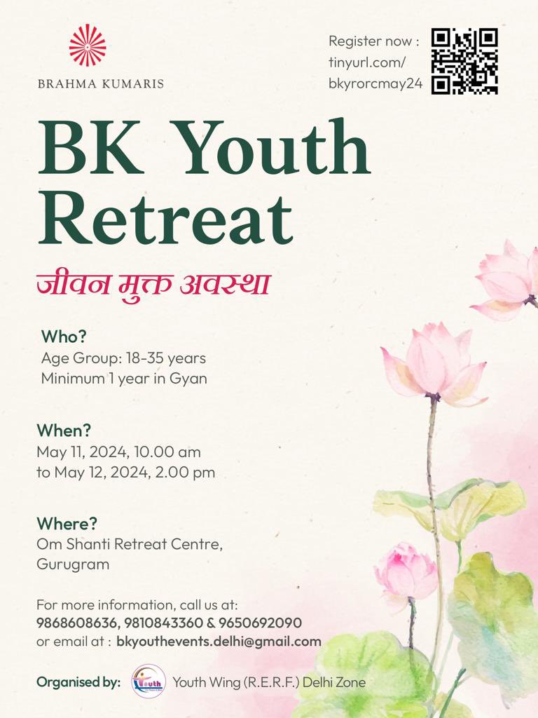 Join us at the BK Youth Retreat on May 11-12, 2024. Dive deep into spirituality, connect with like-minded souls, and embark on a transformative journey. RSVP now for an enlightening experience! @OMSHANTIRETREAT @BrahmaKumaris #omshanti #brahmakumaris #omshantiretreat