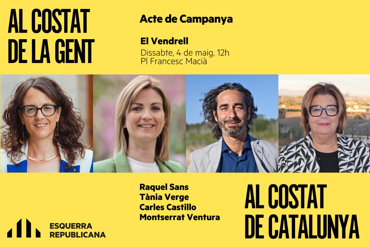 Ens veiem aquest dissabte 4 de maig amb la @raquelsans, el @CarlesTgna, la Consellera @taniaverge i la Montserrat Ventura. 

🕥 A les 12h
♦️ Plaça Francesc Macià, El Vendrell

No hi pots faltar, ets imprescindible! ✊ #AlCostatDeLaGent #AlCostatDeCatalunya #ElVendrell