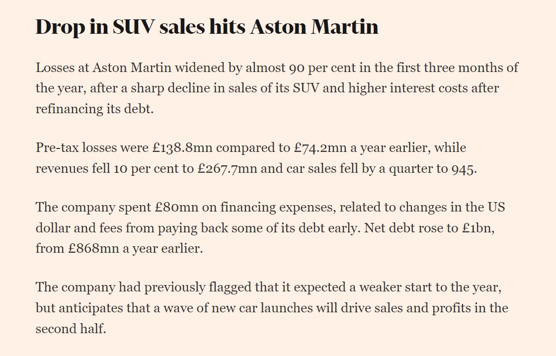 ⚡️NEW: Aston Martin losses rise after massive drop in DBX sales⚡️ 🚘87% increase in pre-tax loss 🚘63% drop in SUV sales 🚘£1bn net debt (up from £868mn) First details: ft.com/content/c6b8aa…