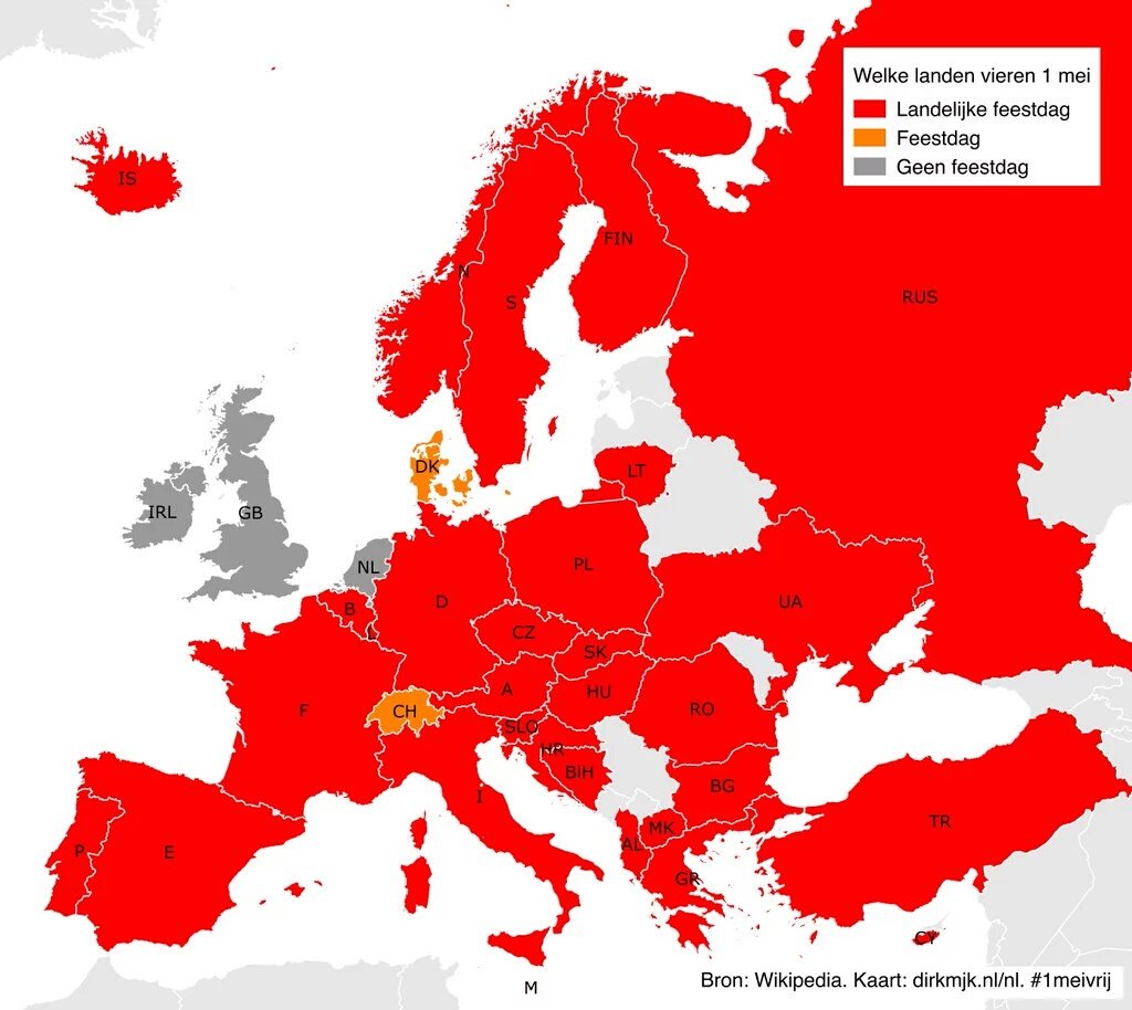 Heel Europa viert vandaag 1 Mei, de dag van de arbeid: de socialistische dag van en voor de arbeider. Een dag voor solidariteit en feest, een dag met de gebalde vuist in de lucht. ✊ Héél Europa? Nou, nee... Nederland... 'Ontwaakt! Verworpenen der aarde!'