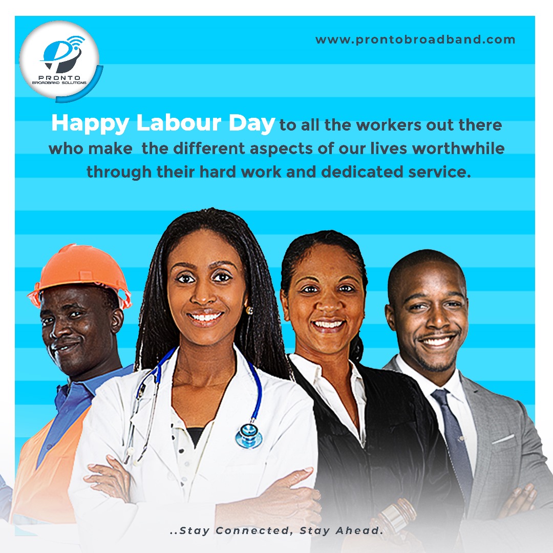 ProntoBroadband's tweet photo. Today, we celebrate every worker out there making a difference and adding value to lives.
Happy Worker's day from all of us at Pronto Broadband Solutions.
#fullfiberinternet #unlimiteddata #OloFAR #fiberoptic #workersday https://t.co/T47HmV7AYB