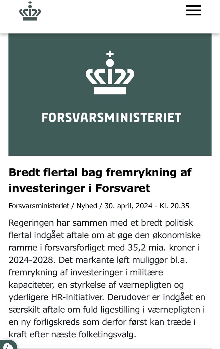 I går aftes fik @forsvaretdk den styrkelse det har brug for. Det peger fremad med ca. 20 mia kr om året i ekstra midler.

Lad os stoppe med den negative debat om Forsvaret.

Der lægges nu vægt på:
1. Tung brigade. 6.000 mand, og tilførelse af kampvogne og infanterikampkøretøjer.