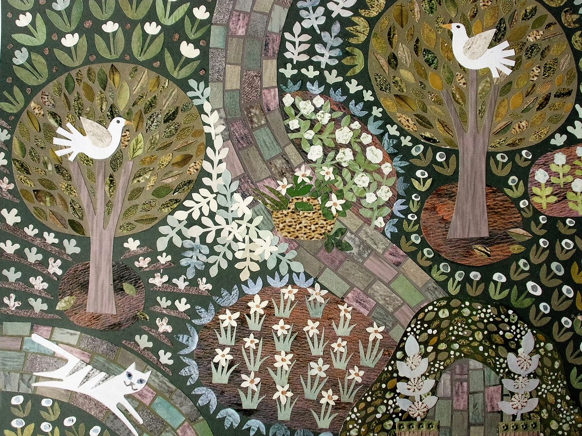 Happy May Day #EarlyBiz-ers! 'The White Garden' (cut paper collage). Sold amandawhitedesign.etsy.com #MayDay #Gardens #Etsyseller #cutpapercollage