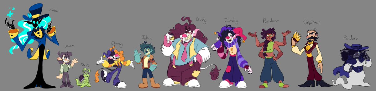 Thinking about this old circus cast I have for a story called Showstoppers. I kinda want to come back to I - I'm thinking about an idea for a short with them. I might redesign a few of them. What do you guys think about these characters?