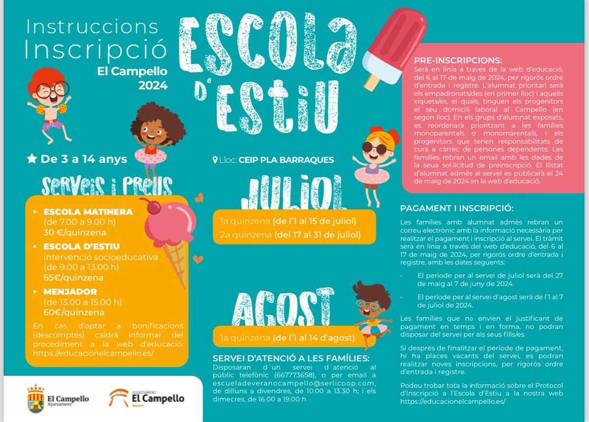 👦🏼👧🏻La Escuela de Verano, 🏖️☀️que incluye servicio matinal y de comedor, abrirá el plazo de preinscripción el 6 de mayo #ElCampello @dorian_gomis Lee AQUÍ elcampello.es/index.php?s=no… Instrucciones inscripción elcampello.es/upload/noticia… + Info en educacionelcampello.es