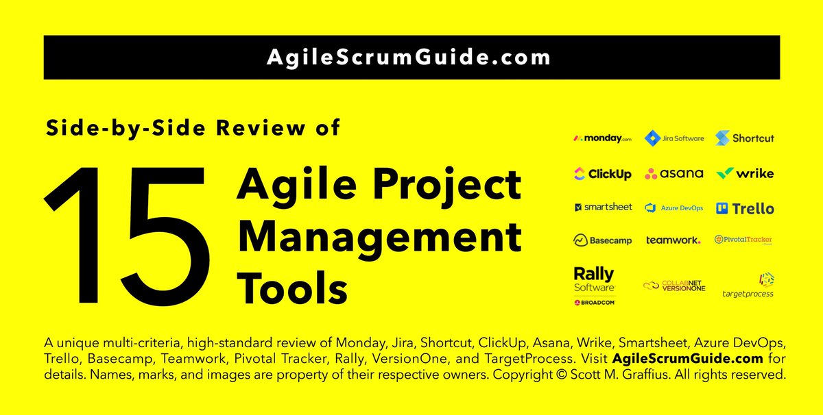 A unique multi-criteria, side-by-side review of #Agile #ProjectManagement #Tools incl. #Monday, #Jira, #Shortcut, #ClickUp, #Asana, #Wrike, #Smartsheet, #AzureDevOps, #Trello, #Basecamp, #Teamwork, #PivotalTracker, #Rally, #VersionOne, and #Targetprocess

agilescrumguide.com/blog/files/15-…