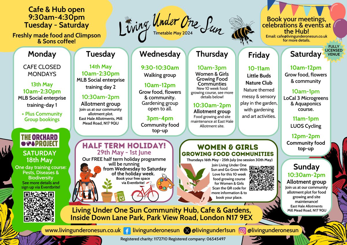 Take a look at our timetable for May!
#n17 #tottenhamhale #tottenham #downlanepark #free #freeactivities #growing #volunteer  #cycling #mayhalfterm  #allotment
#gardening #foodgrowing #horticulture #land #soilcare #greenskills  #biodiversity  #organic #community #women #girls