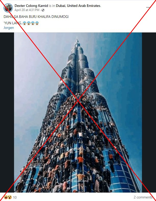 A Dubai-based digital artist said he created an image of people climbing the Burj Khalifa The dramatic picture circulated in Facebook posts portraying it as a real photo as heavy flooding lashed the United Arab Emirates u.afp.com/BurjKhalifaFlo…