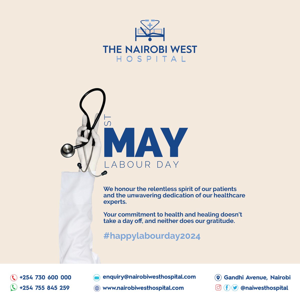 We honour the relentless spirit of our patients and the unwavering dedication of our healthcare experts at The Nairobi West Hospital. Your commitment to health and healing doesn't take a day off, and neither does our gratitude. Happy Labour Day