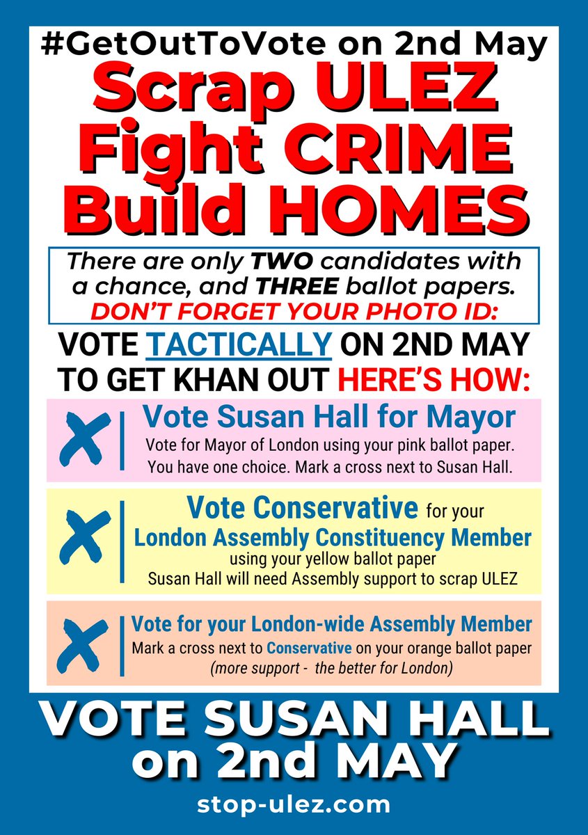 A vote for anyone else is a vote to keep Sadiq Khan and his ULEZ expansion. Vote Susan Hall on 2nd May to put an end to the ULEZ expansion & #GetKhanOut #SusanHall4Mayor