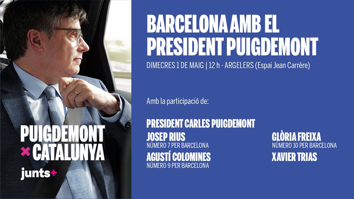🗳 #12M | Avui celebrem l'acte de Barcelona amb el president @KRLS Puigdemont, a Argelers. 📌 Segueix-lo en directe a partir de les 12h a través dels nostres canals. #PuigdemontPresident