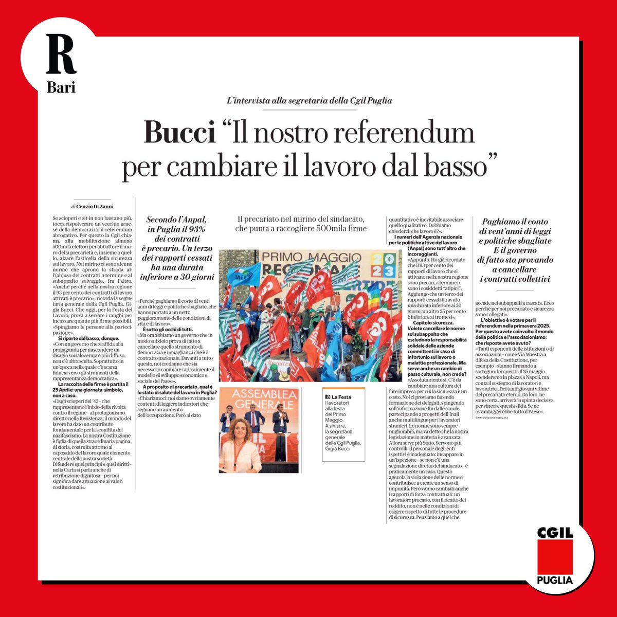 cgilpuglia's tweet photo. 📰 93% dei contratti attivati in Puglia è a termine. 2 su 3 hanno durata inferiore a 3 mesi. Per questo ora raccogliamo le firme per referendum popolari contro precarietà, licenziamenti e appalti senza responsabilità.
#PrimoMaggio #festadeilavoratori #1maggio https://t.co/nWrboe7vYx