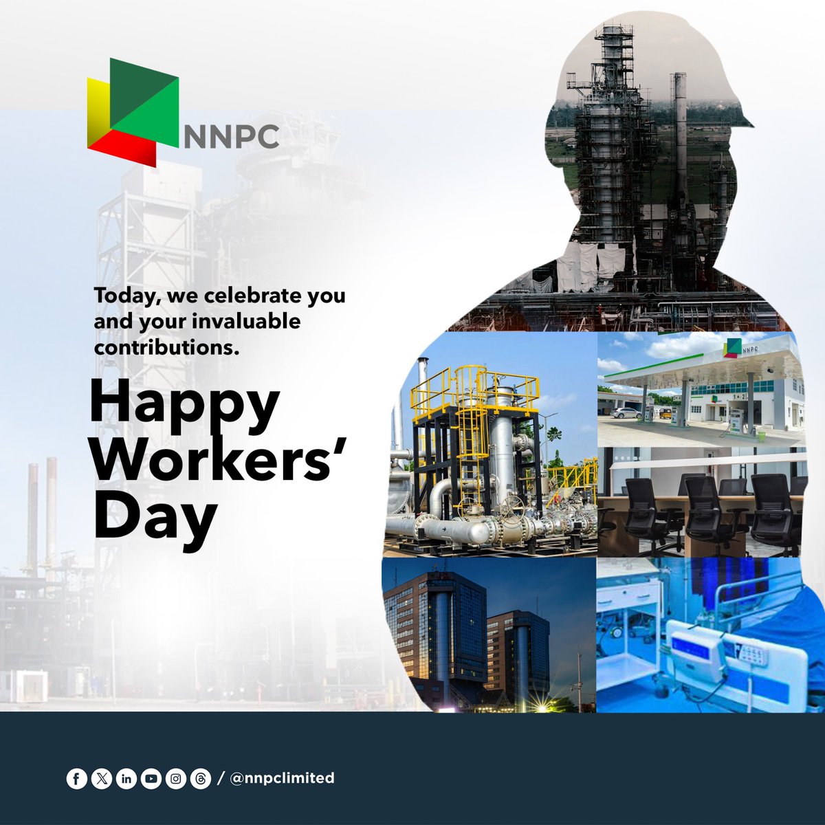 Today, we celebrate you and your invaluable contributions.

From all of us at #NNPCLimited, Happy Workers' Day!

#WorkersDay 
#EnergyforToday 
#EnergyforTomorrow