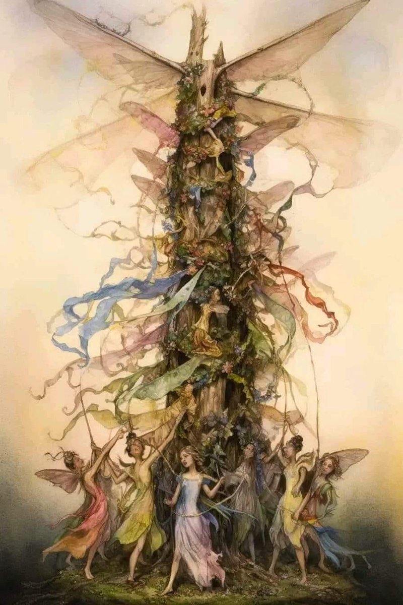 The veil has thinned and the Faeries have returned from their enchanted hideaway Dancing the Maypole with sparkling gossamer wings Bringing magic, beauty, grace and joyful things . . Wishing you a Blessed Beltane! Art by ~ Mikey Bergman #Beltane #MayDay2024