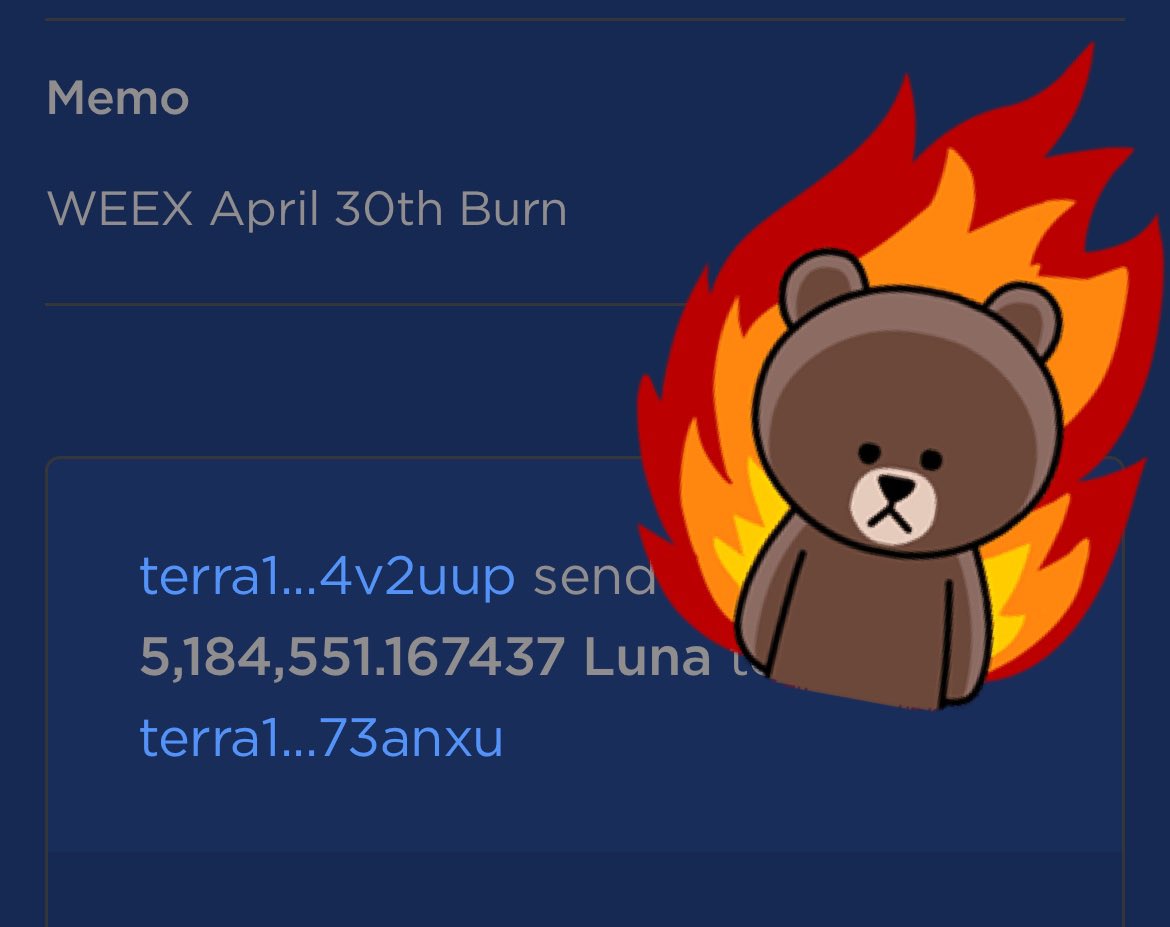 #LuncBurn update!

@WEEX_Official have just burned 5 million $LUNC for the first time ever! 🔥🔥

Trade on Weex, and let next burn BIGGER!

support.weex.com/en/register?vi…

Code: 7q6k

Trx: finder.terraclassic.community/mainnet/tx/87A…

#LuncCommunity #LunaClassic #LunaC #TerraClassic