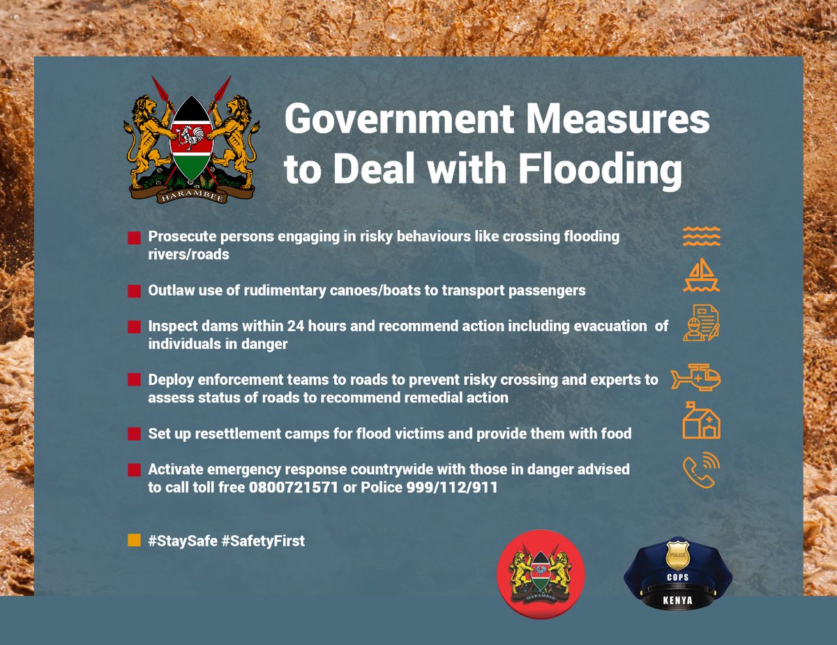 As Kenyans in areas like #ThikaRoad, Kitengela, Mai Mahiu and Kahawa Sukari deal with #MafurikoKe, lets #staysafe and observe government measures to address #flooding.

#Safetyfirst even as we support those in need and avoid unnecessary travels during ongoing heavy rains.…